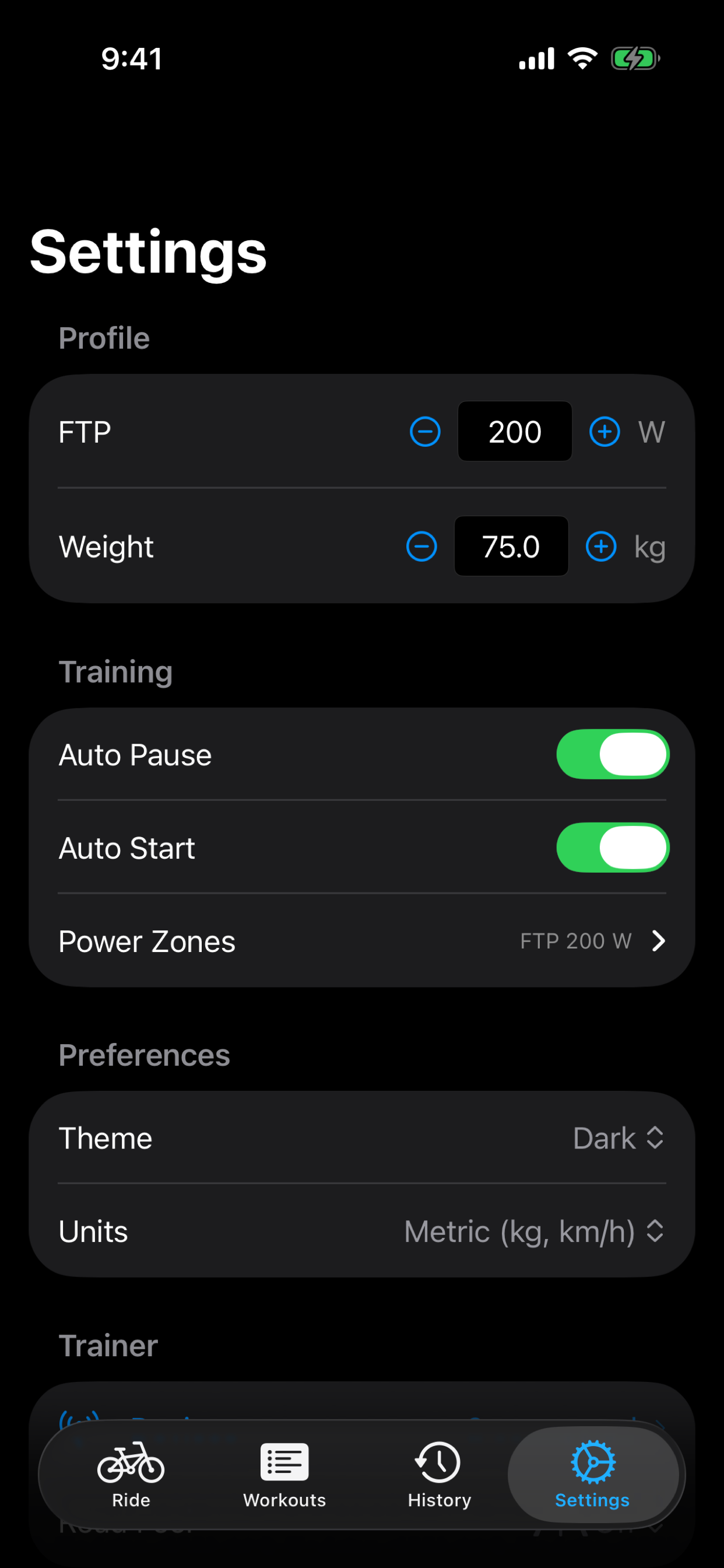 Settings and Power Zones Screen